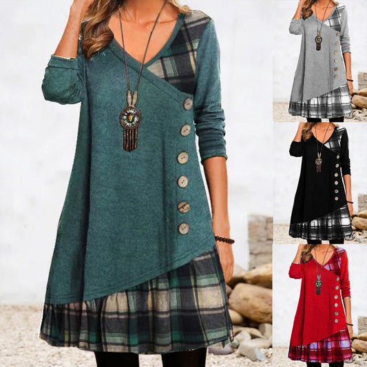 💟👗【S-3XL】 2026 Nowa elegancka sukienka w kratę z dekoltem w kształcie litery V, z długim rękawem