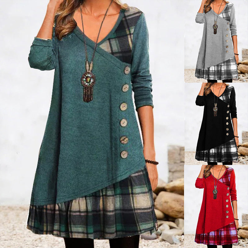 💟👗【S-3XL】 2026 Nowa elegancka sukienka w kratę z dekoltem w kształcie litery V, z długim rękawem