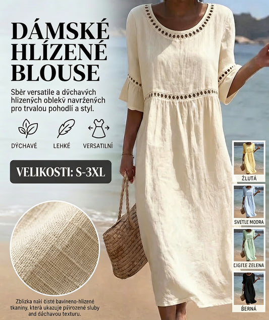 ✨【S–3XL】Dámské přiléhavé šaty z bavlny a lnu s kulatým výstřihem, s balónovými rukávy, prodyšné a měkké, pohodlné na nošení