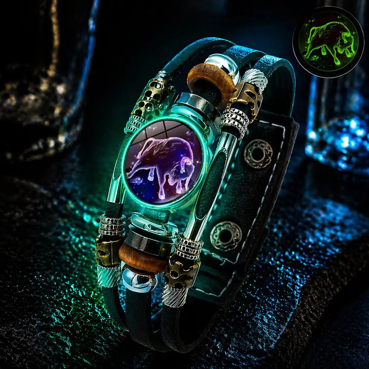 🌙 Svetleča usnjena zapestnica z zodiakalnim simbolom – 3-plastna pletenica, nastavljiva dolžina, unisex 💫✨