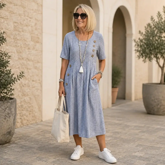 👗🏕️【S-2XL Lehké a vzdušné pruhované midi šaty