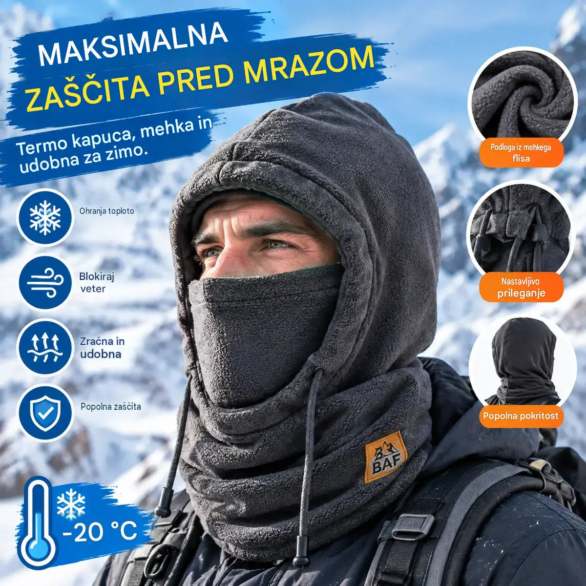 ❄️ Termo kapa, ki popolnoma pokrije glavo in ima podlogo iz flisa; greje vas tudi pri temperaturah do -20 °C. ⛷️ Idealna za smučanje, vožnjo z motorjem in dejavnosti na prostem.