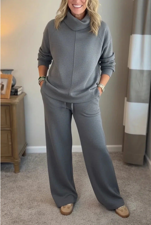 Sweter z wysokim golfem w stylu minimalistycznym + proste spodnie casualowe