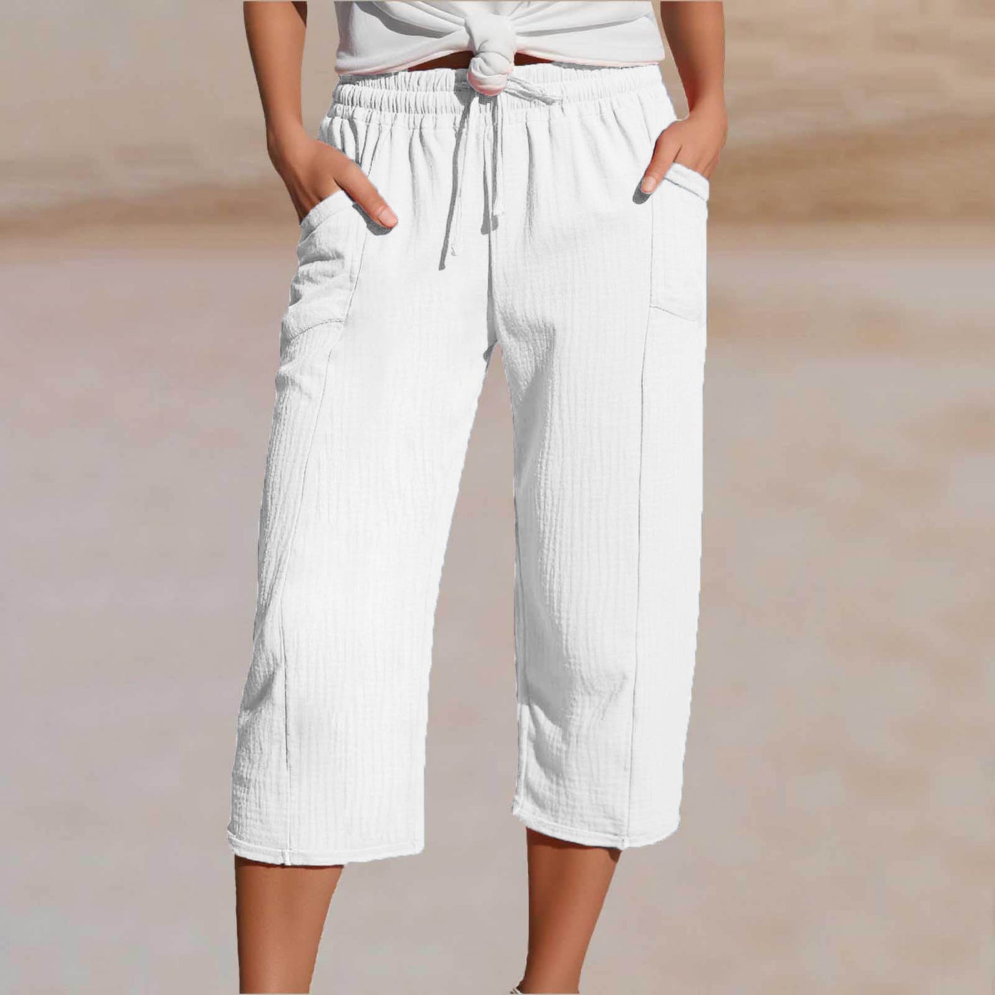 🌸【40-100kg】Damskie gładkie spodnie typu cropped, plisowane, z bawełny i lnu