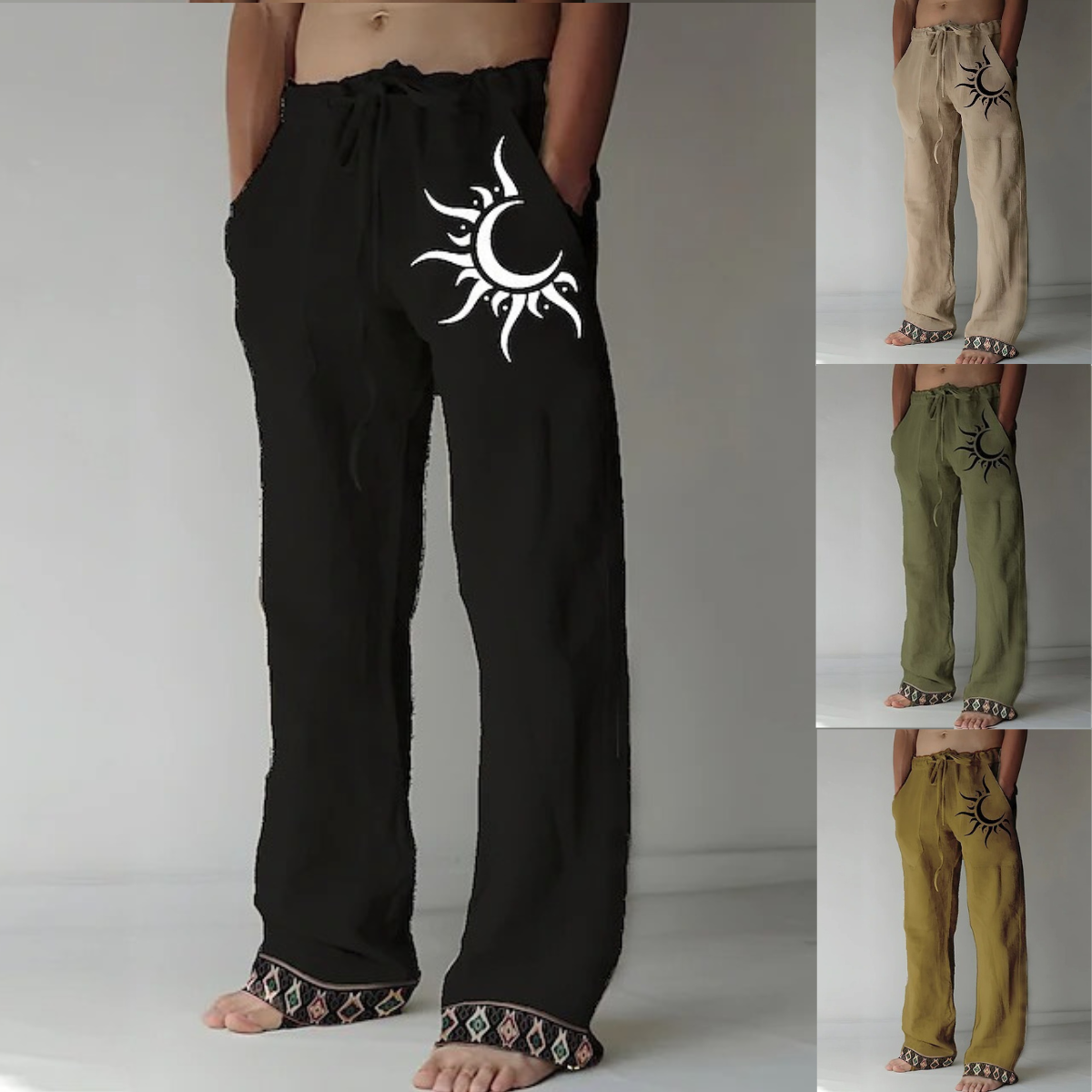 👖🌙【50% zniżki 🔥】【S–6XL】Nowe męskie spodnie z bawełny i lnu z księżycowym wzorem, luźny krój z szerokimi prostymi nogawkami, duże rozmiary