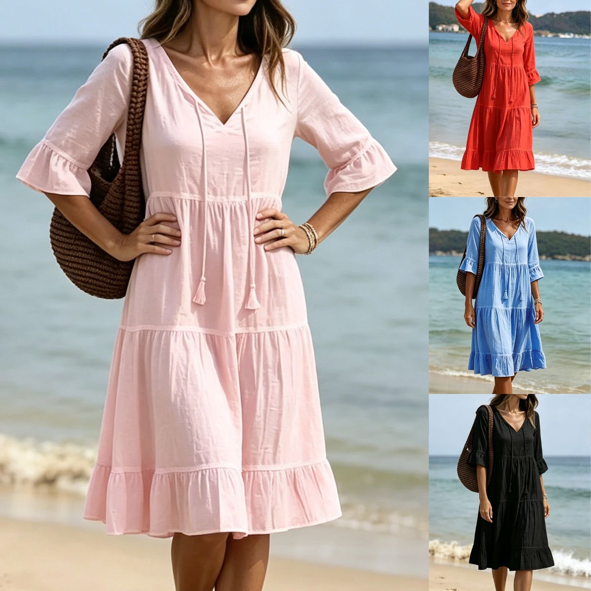 👗【S-3XL】Letnia sukienka maxi z mieszanki bawełny i lnu, z dekoltem w serek