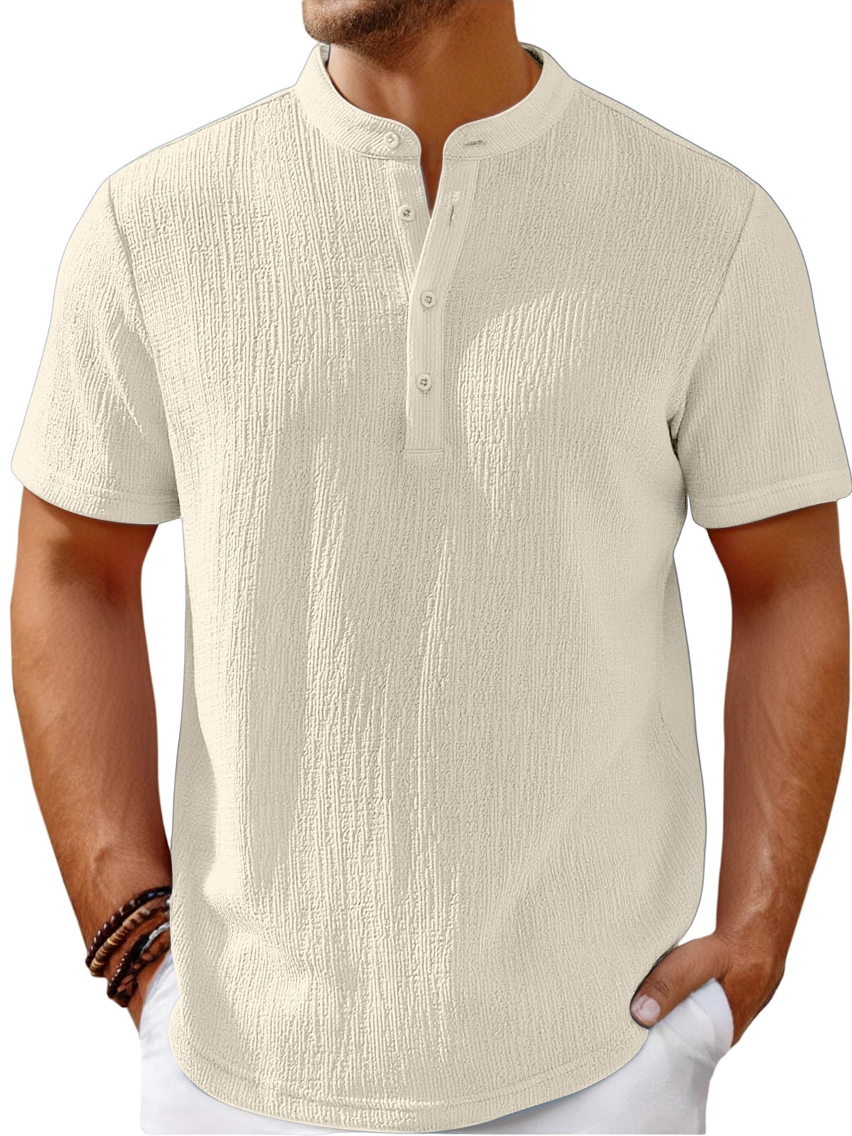 【S-4XL】Męski T-shirt o efektownej fakturze i dekolcie typu Henley – wygodny i stylowy na co dzień