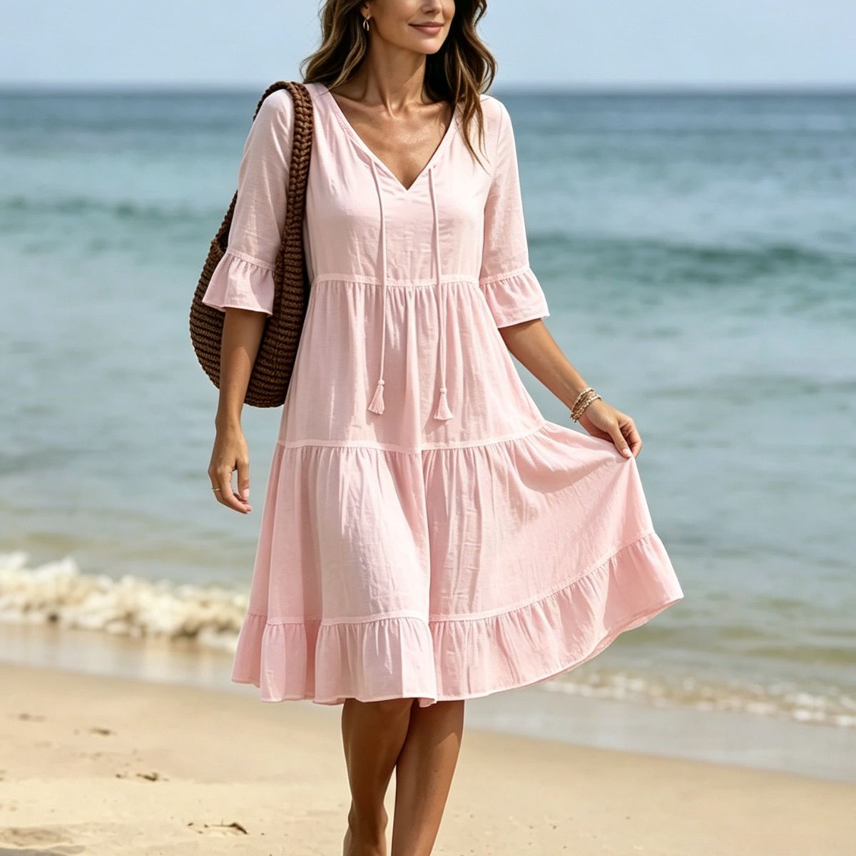 👗【S-3XL】Letnia sukienka maxi z mieszanki bawełny i lnu, z dekoltem w serek