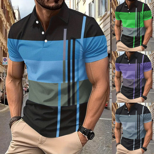 💥Εποχιακή προσφορά 👕Ανδρική μπλούζα Polo με ρίγες, κοντό μανίκι και γιακά (S-5XL)