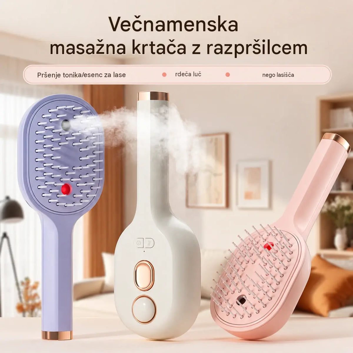 💖💨 Glavnik s funkcijo pršenja na en gumb, ki učinkovito pomaga preprečevati vozlanje las.