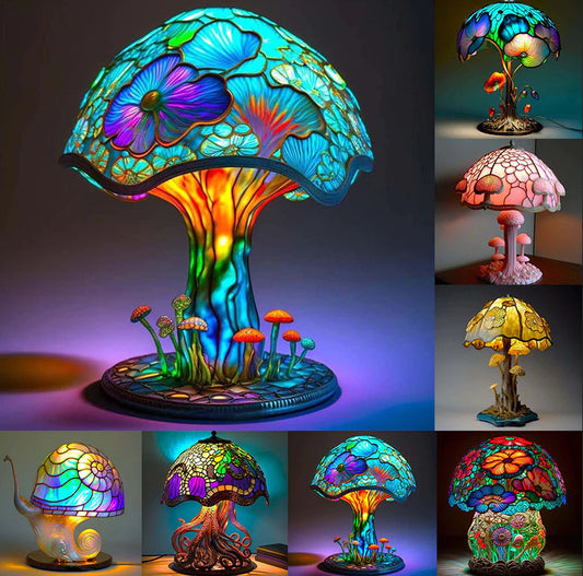 🍄Lampa stołowa w kształcie grzyba, witraż o tematyce roślinnej, retro lampka nocna, wykonana z kolorowej żywicy.