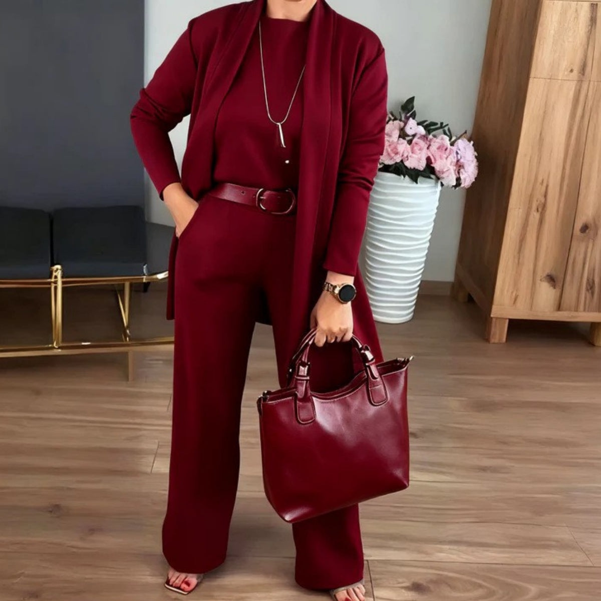 ⏳Oferta specjalna ograniczona czasowo⏰Elegancki trzyczęściowy komplet, zawierający długi kardigan, top i spodnie💞