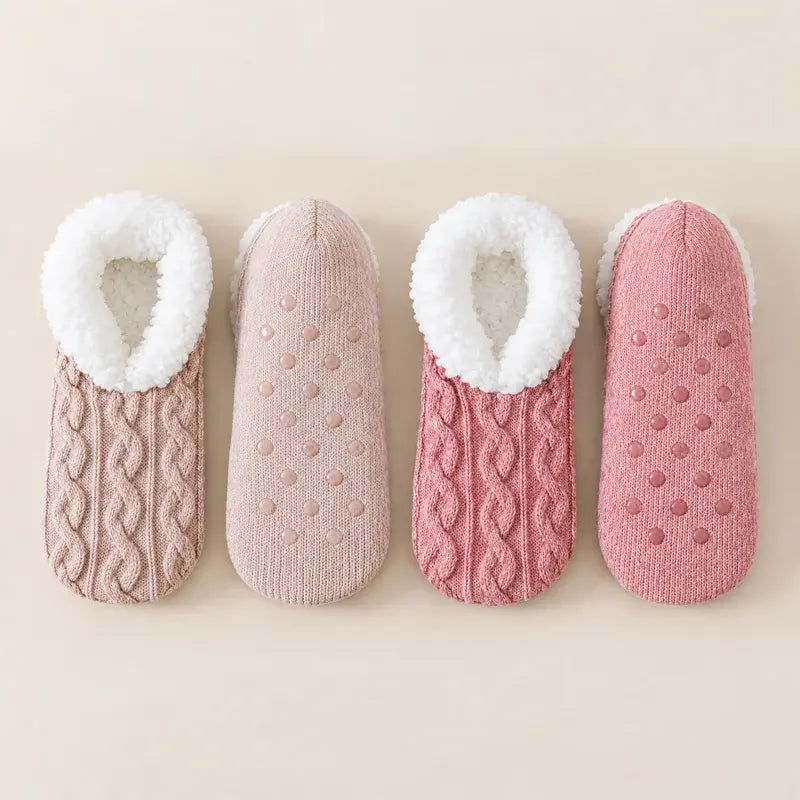🧦 Posebni paket 2 parov: Mehke puhaste hišne nogavice z nedrsečim silikonskim podplatom · Topla kosmata podloga · Elastična pletenina s kitastim vzorcem · Udobje in toplota za zimo!