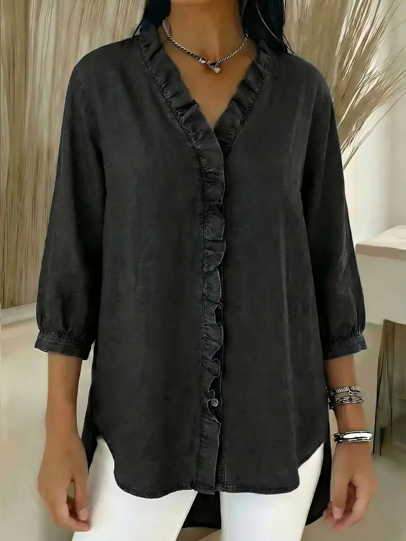 🔥 Pago contra reembolso ✅️【40-100kg】Camisa vaquera informal para mujer con cuello en V y volantes