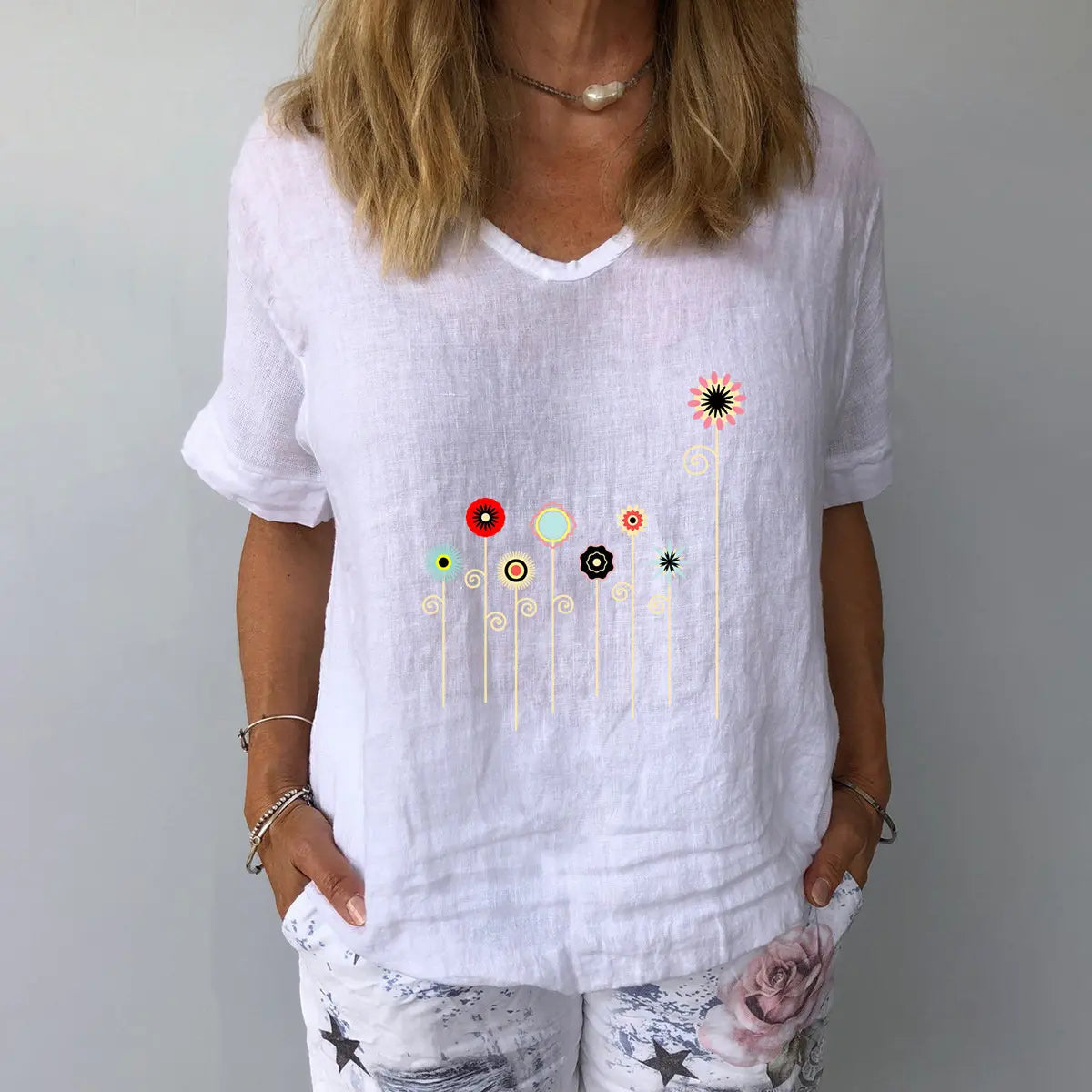 【Časovno omejena ponudba】【S-3XL】🌈Majica s kratkimi rokavi in potiskom iz bombaža in lanenega platna💐