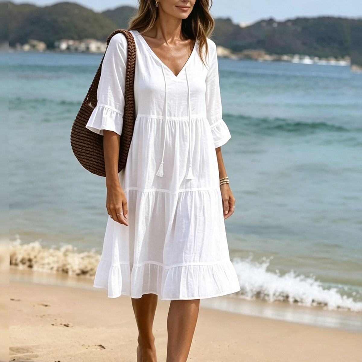 👗【S-3XL】Letnia sukienka maxi z mieszanki bawełny i lnu, z dekoltem w serek