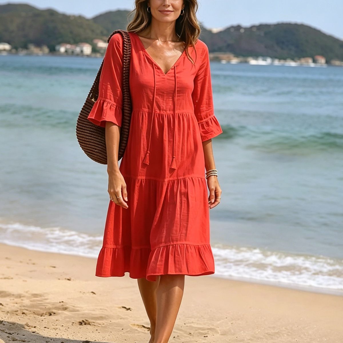 👗【S-3XL】Letnia sukienka maxi z mieszanki bawełny i lnu, z dekoltem w serek