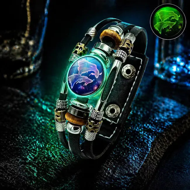 🌙 Világító Zodiákus Bőr Karkötő – 3 Rétegű Fonott, Állítható Hosszú, Uniszex 💫✨