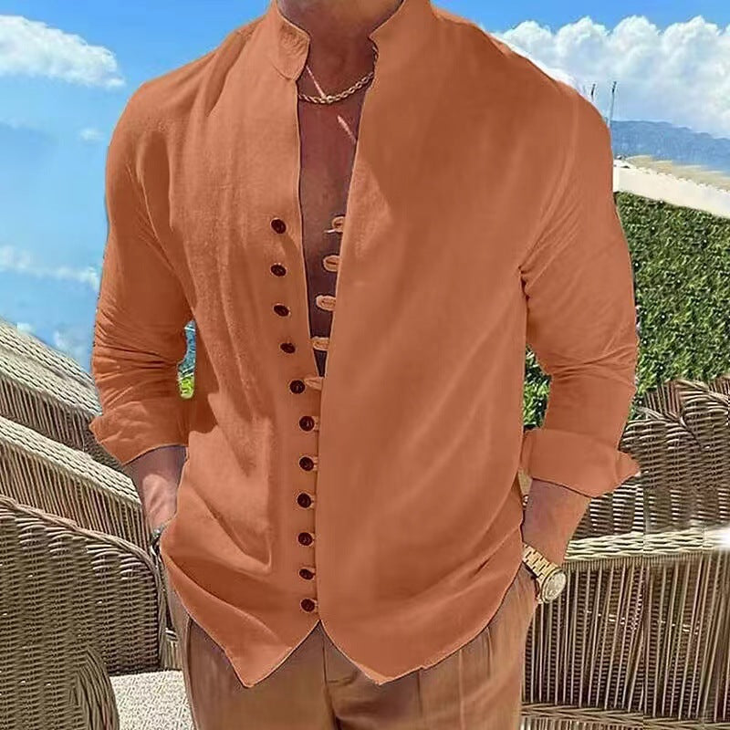 🔥🔥【S-3XL】Cămașă casual pentru bărbați cu guler stand cu nasturi