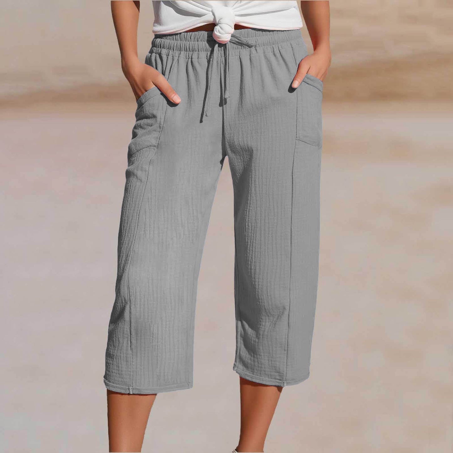 🌸【40-100kg】Damskie gładkie spodnie typu cropped, plisowane, z bawełny i lnu