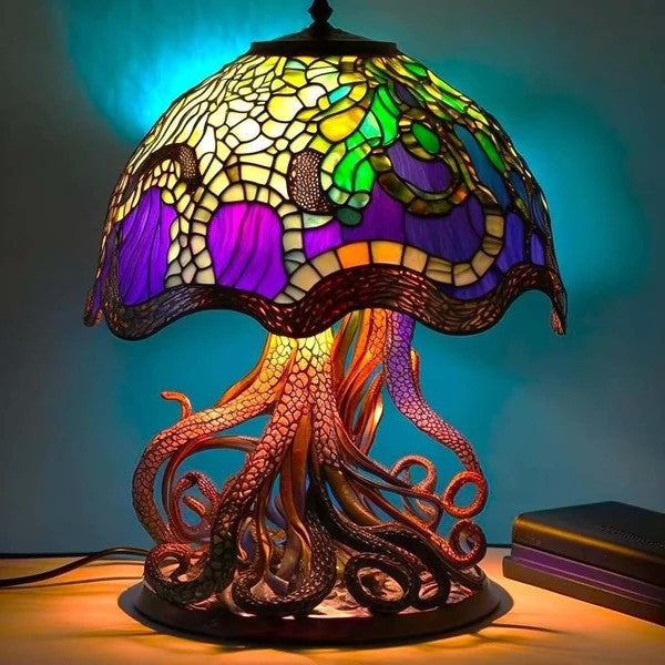 🍄Lampa stołowa w kształcie grzyba, witraż o tematyce roślinnej, retro lampka nocna, wykonana z kolorowej żywicy.