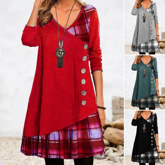 💟👗【S-3XL】 2026 Nowa elegancka sukienka w kratę z dekoltem w kształcie litery V, z długim rękawem