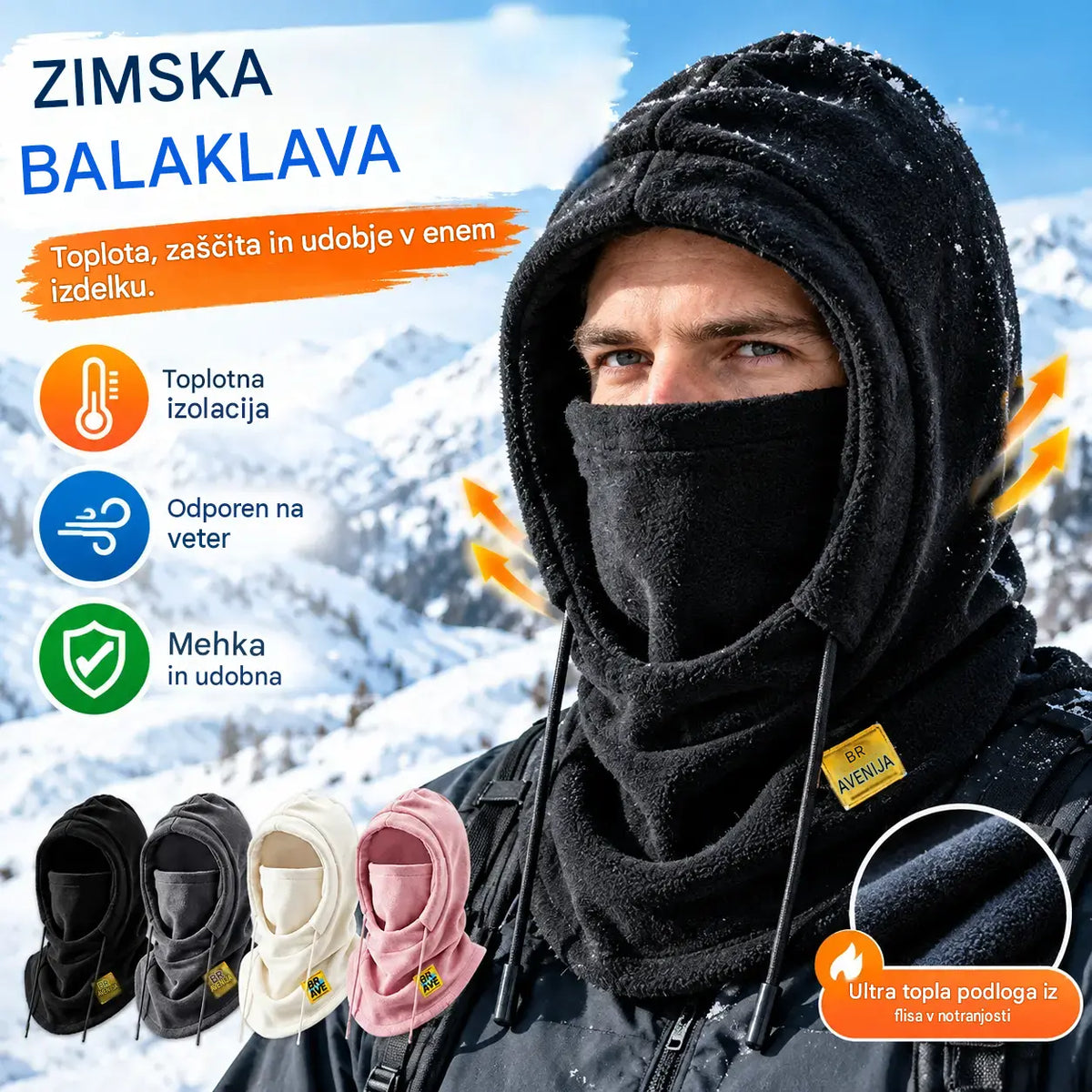 ❄️ Termo kapa, ki popolnoma pokrije glavo in ima podlogo iz flisa; greje vas tudi pri temperaturah do -20 °C. ⛷️ Idealna za smučanje, vožnjo z motorjem in dejavnosti na prostem.