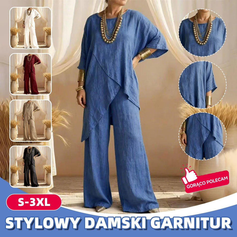 ❤️ 50% zniżki 💥 Nowa wiosenna bluzka z bawełny i lnu z krótkim rękawem i okrągłym dekoltem + proste spodnie casual ✅️ Płatność przy odbiorze