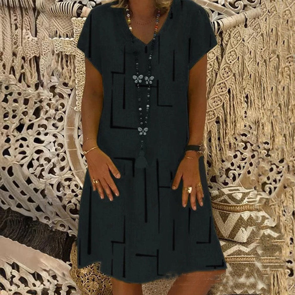 😍🌲【Wyprzedaż sezonowa】👗【S–5XL】Nowa sukienka z bawełny i lnu z dekoltem w serek i nadrukiem – obniżona cena
