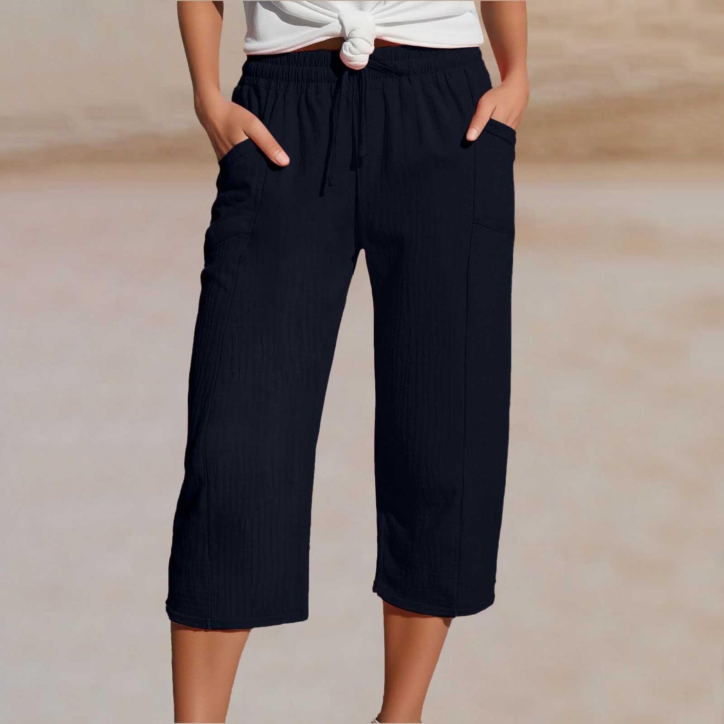 🌸【40-100kg】Damskie gładkie spodnie typu cropped, plisowane, z bawełny i lnu