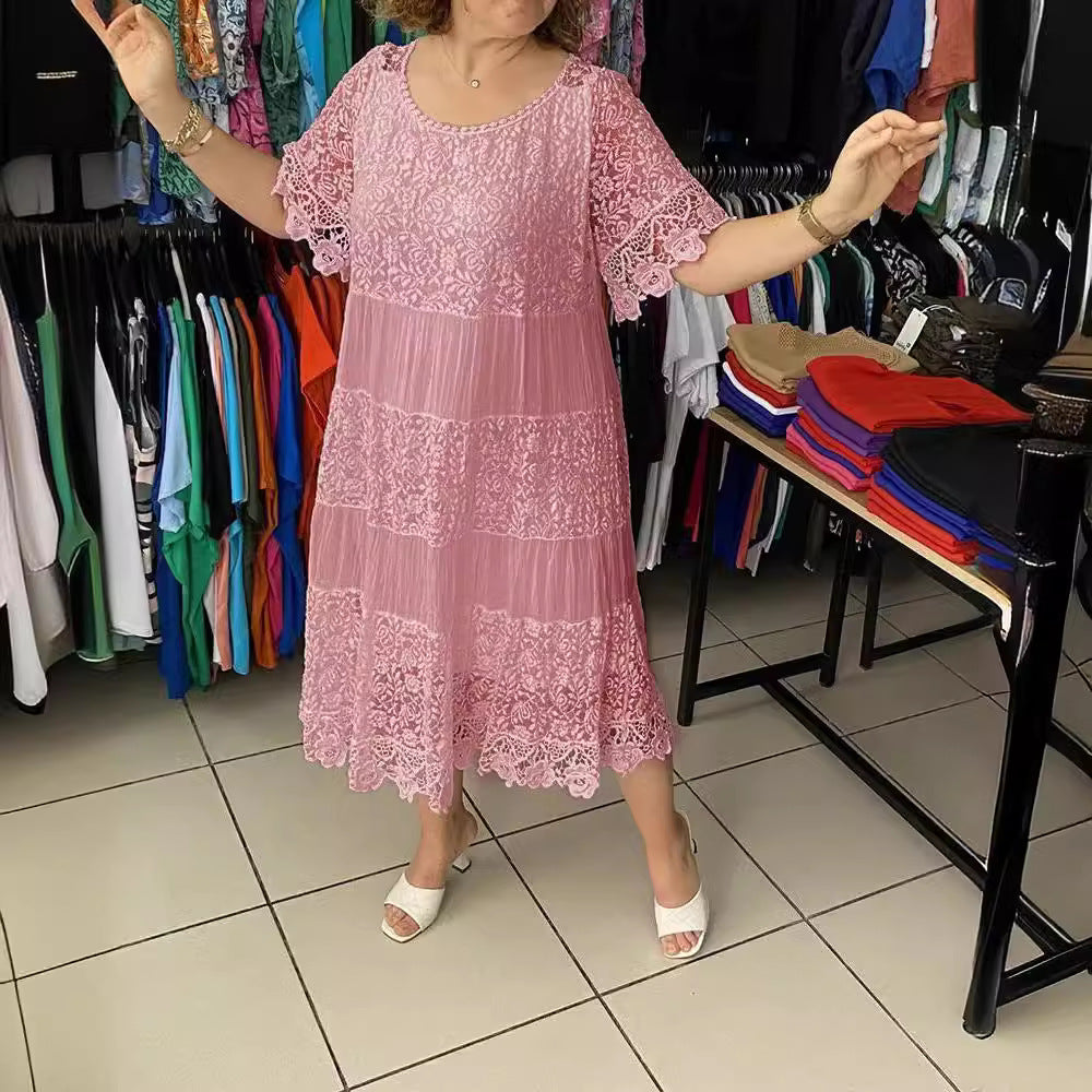 🌺👗【S-5XL】Nowa koronkowa sukienka z krótkim rękawem i okrągłym dekoltem