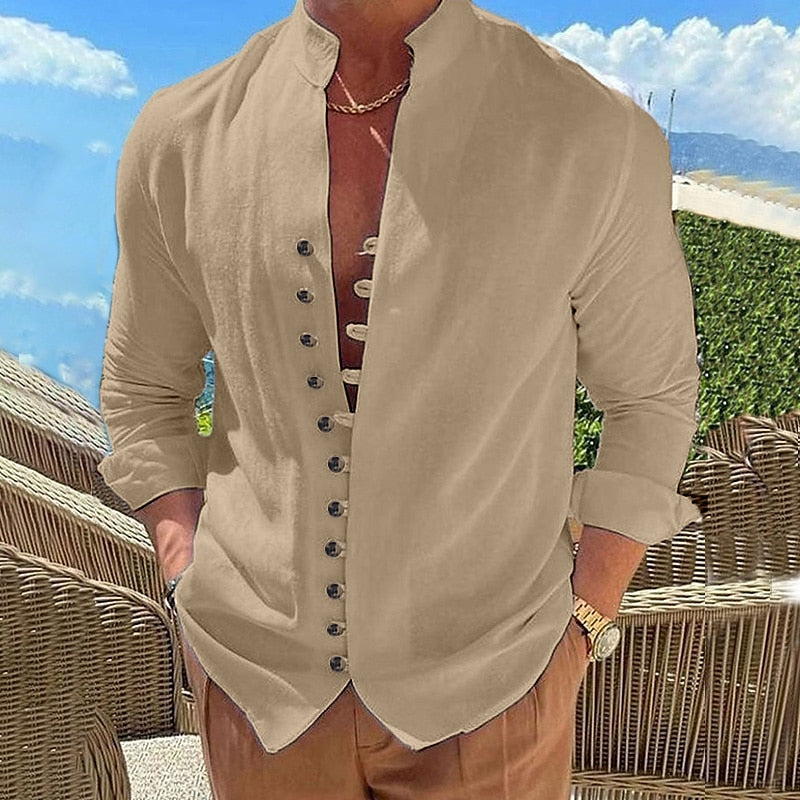 🔥🔥【S-3XL】Cămașă casual pentru bărbați cu guler stand cu nasturi