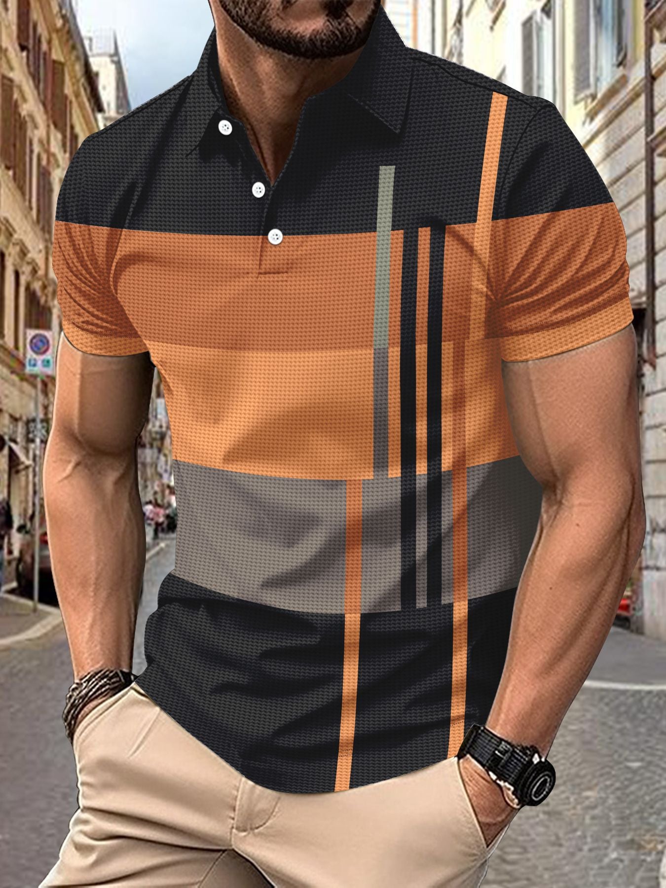 💥Εποχιακή προσφορά 👕Ανδρική μπλούζα Polo με ρίγες, κοντό μανίκι και γιακά (S-5XL)