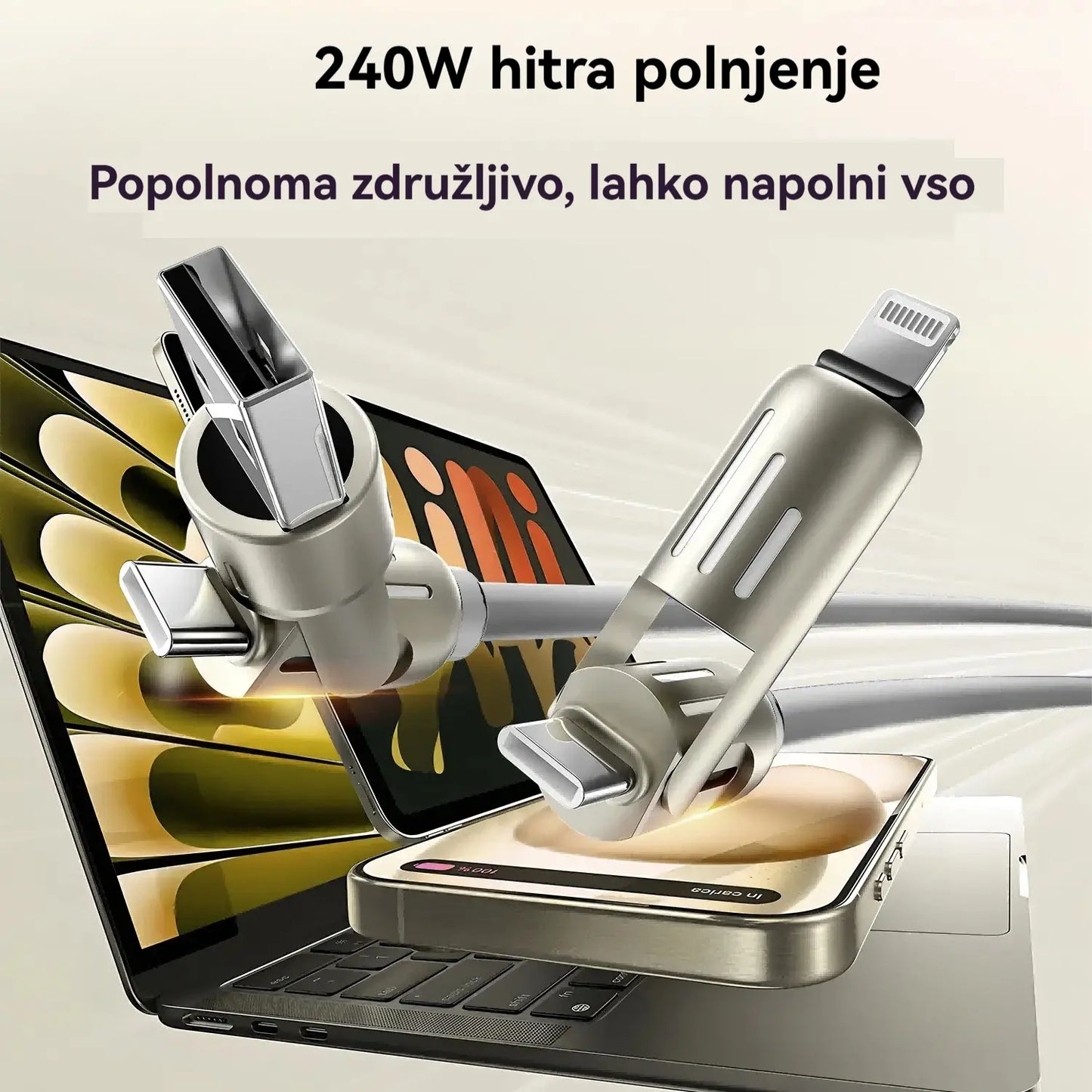 🔥 【2 kosa za 24 evrov】 🔥 (dolžina 2 metra) 4-v-1 kabel PD 240 W – hitro polnjenje USB‑C, Lightning in USB‑A, aluminij in silikon, sinhronizacija podatkov ⚡📱