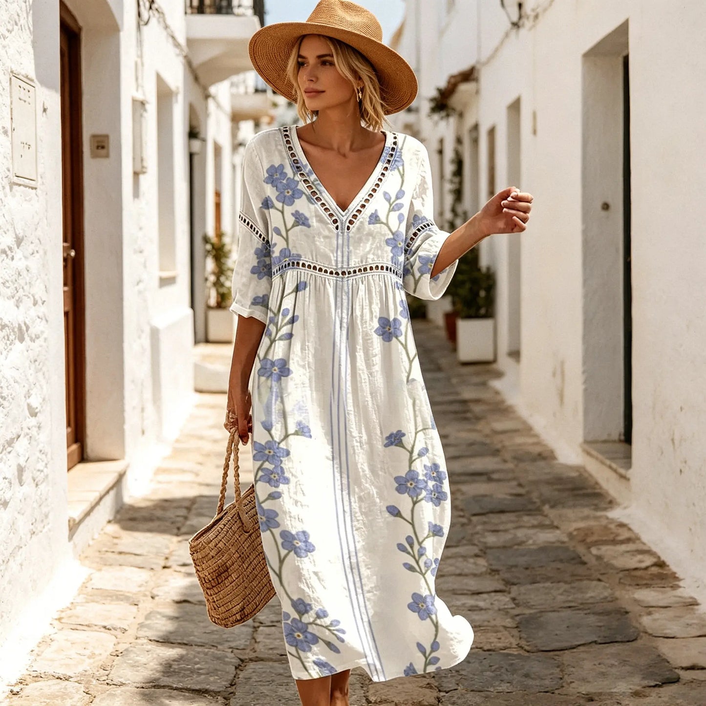 👗 【S-3XL】 Dámské dlouhé šaty z bavlny a lnu s potiskem - letní styl, výstřih do V