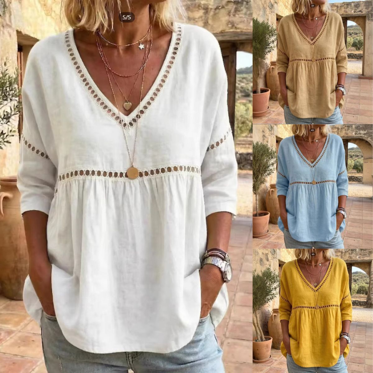 🔥 Letnia Wyprzedaż ✨Elegancka Bluzka Boho z Haftem i Dekoltem V: Lekka, Stylowa i Kobieca