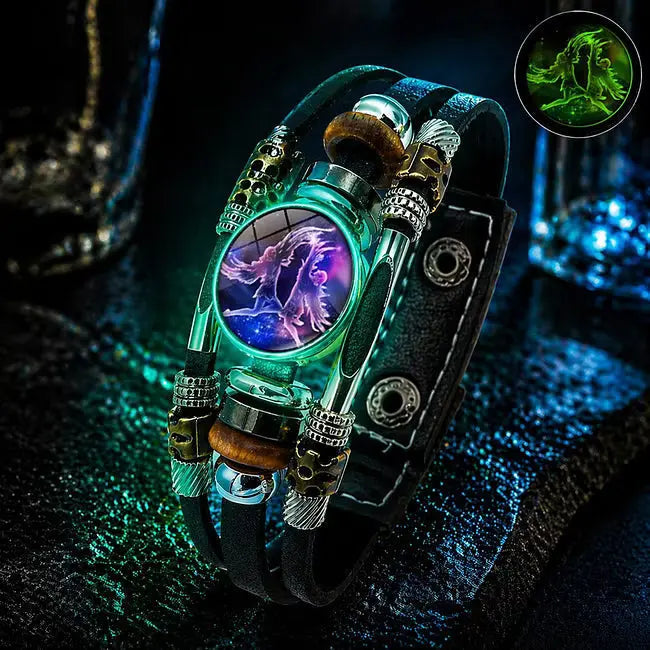 🌙 Svetleča usnjena zapestnica z zodiakalnim simbolom – 3-plastna pletenica, nastavljiva dolžina, unisex 💫✨