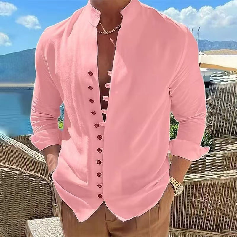 🔥🔥【S-3XL】Cămașă casual pentru bărbați cu guler stand cu nasturi