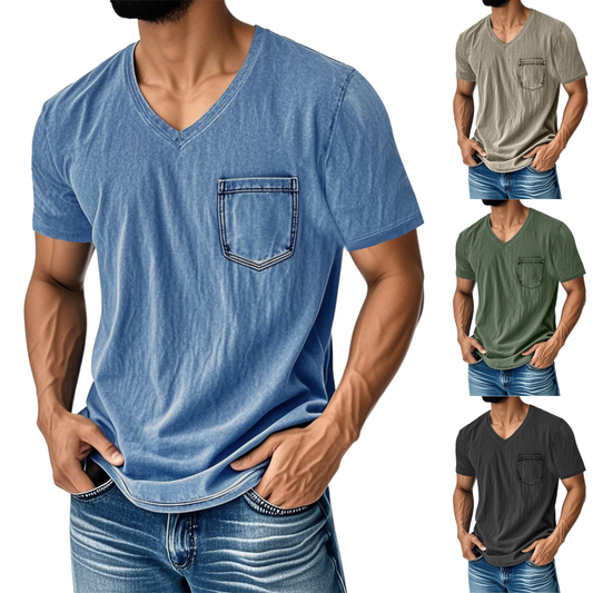 👔 Zniżka 50%🔥【40-120 kg】Męski luźny T-shirt jeansowy casual z krótkim rękawem i dekoltem w serek ✅️Płatność przy odbiorze