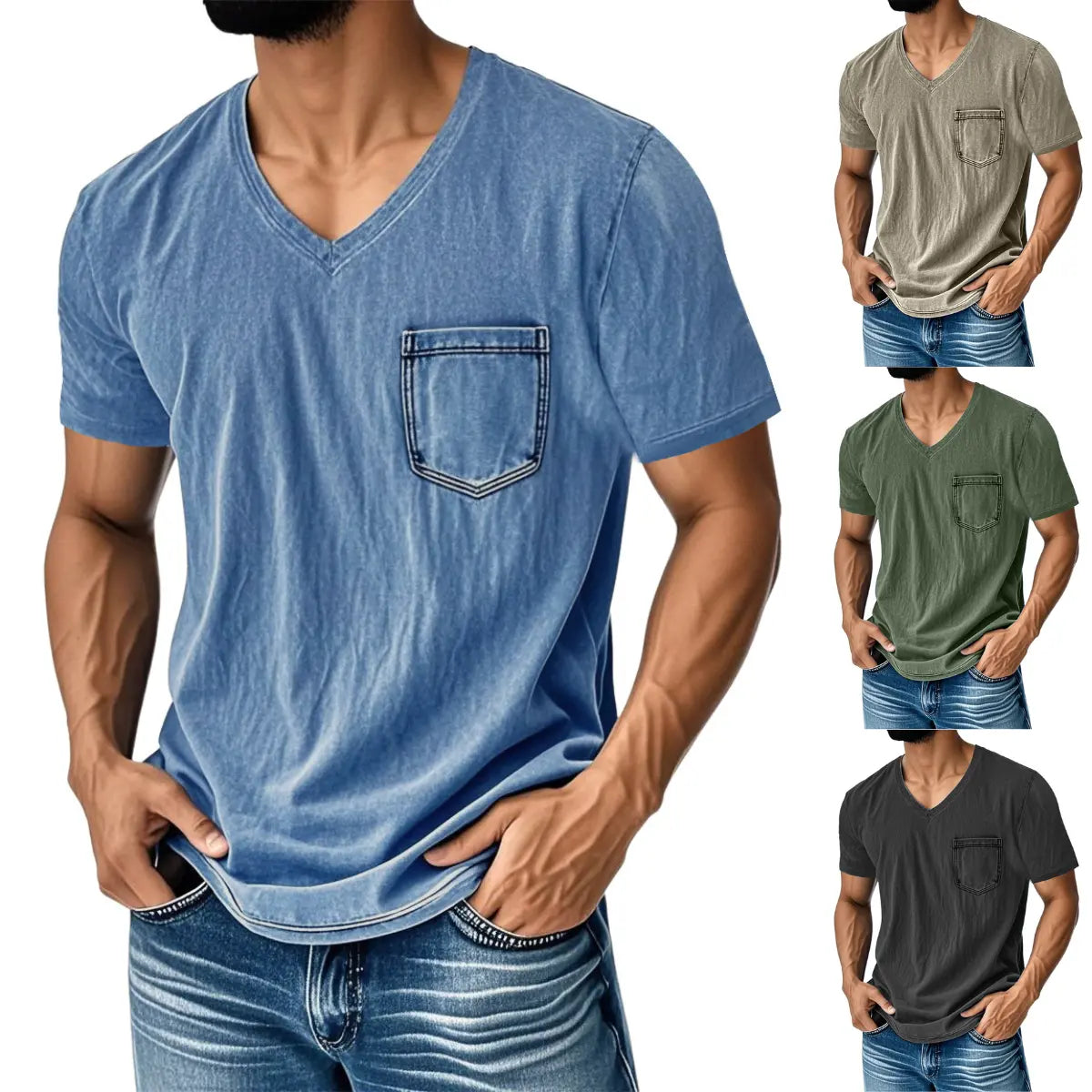 👔 50% de descuento🔥【40-120 kg】Camiseta vaquera informal y holgada con cuello en V y mangas cortas para hombre ✅️Pago contra entrega ✅️2 artículos con un 70% de descuento