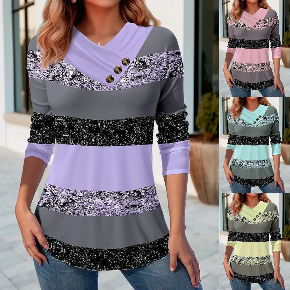 ✨🔥 Zadnji dan - 50 % popusta 【S–5XL】 Ženski novi jesensko-zimski top z barvno kontrastnim dizajnom, V-izrezom in oprijetim krojem, dolgimi rokavi