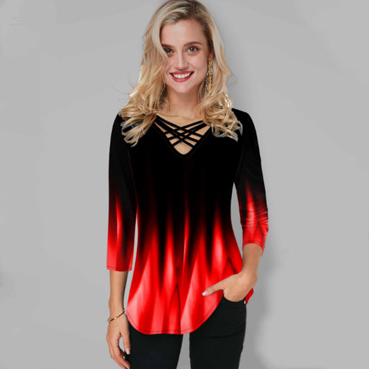 🌈✨【Nowy produkt w sprzedaży】【S-5XL】2026 Nowy modny elegancki swobodny damski top z krótkim rękawem i dekoltem w serek w kolorze gradientu