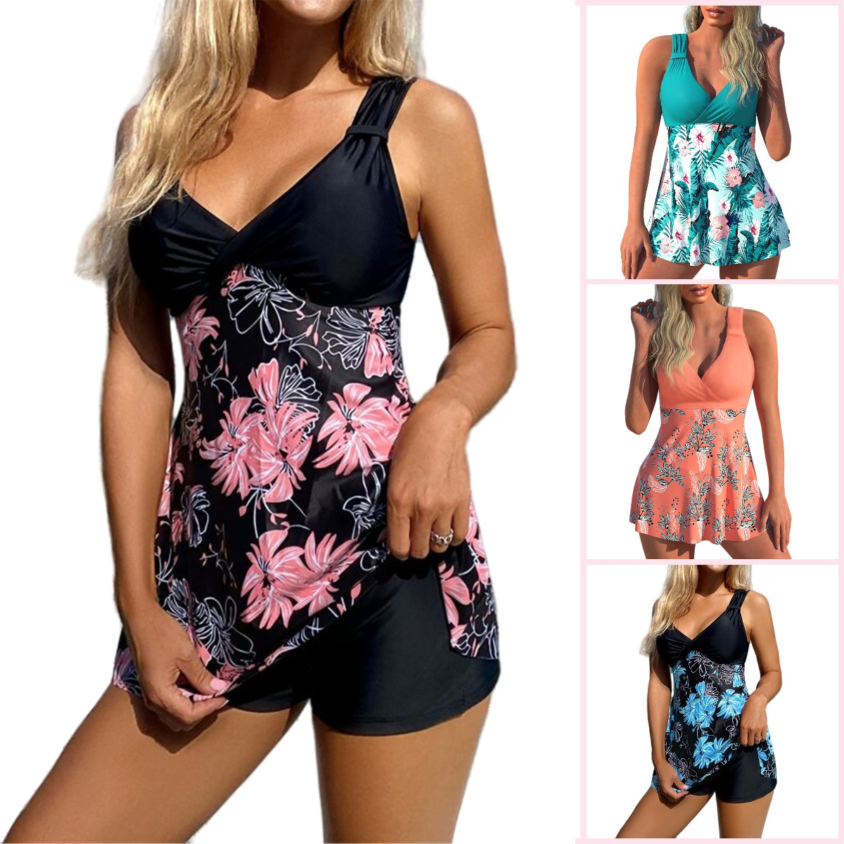 🌴🏖️🌈【S-5XL】😍 Duży damski zestaw kostiumów kąpielowych z nadrukiem, spodenki, spódniczka do pływania z odkrytymi plecami, szybkoschnący materiał