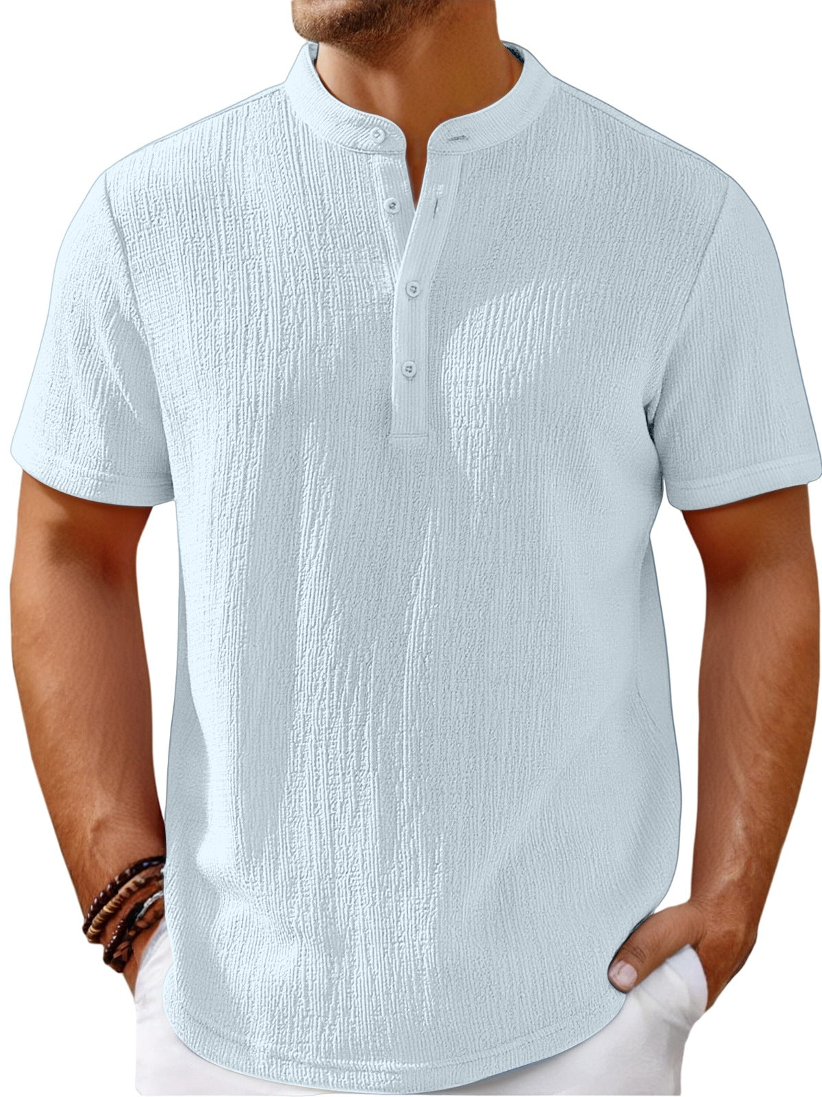 【S-4XL】Męski T-shirt o efektownej fakturze i dekolcie typu Henley – wygodny i stylowy na co dzień