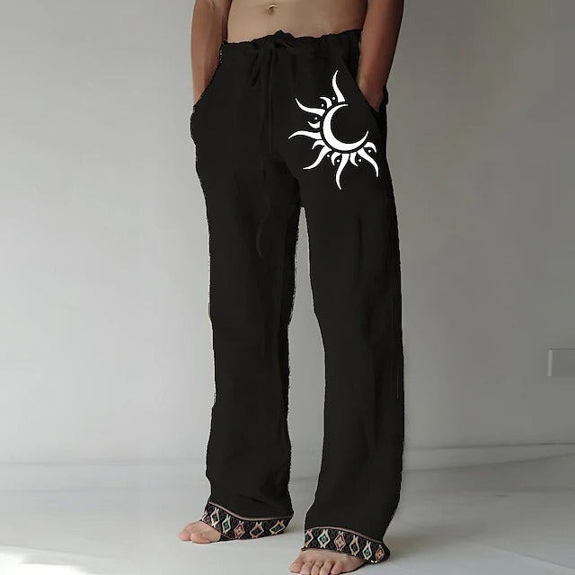 👖🌙【50% zniżki 🔥】【S–6XL】Nowe męskie spodnie z bawełny i lnu z księżycowym wzorem, luźny krój z szerokimi prostymi nogawkami, duże rozmiary