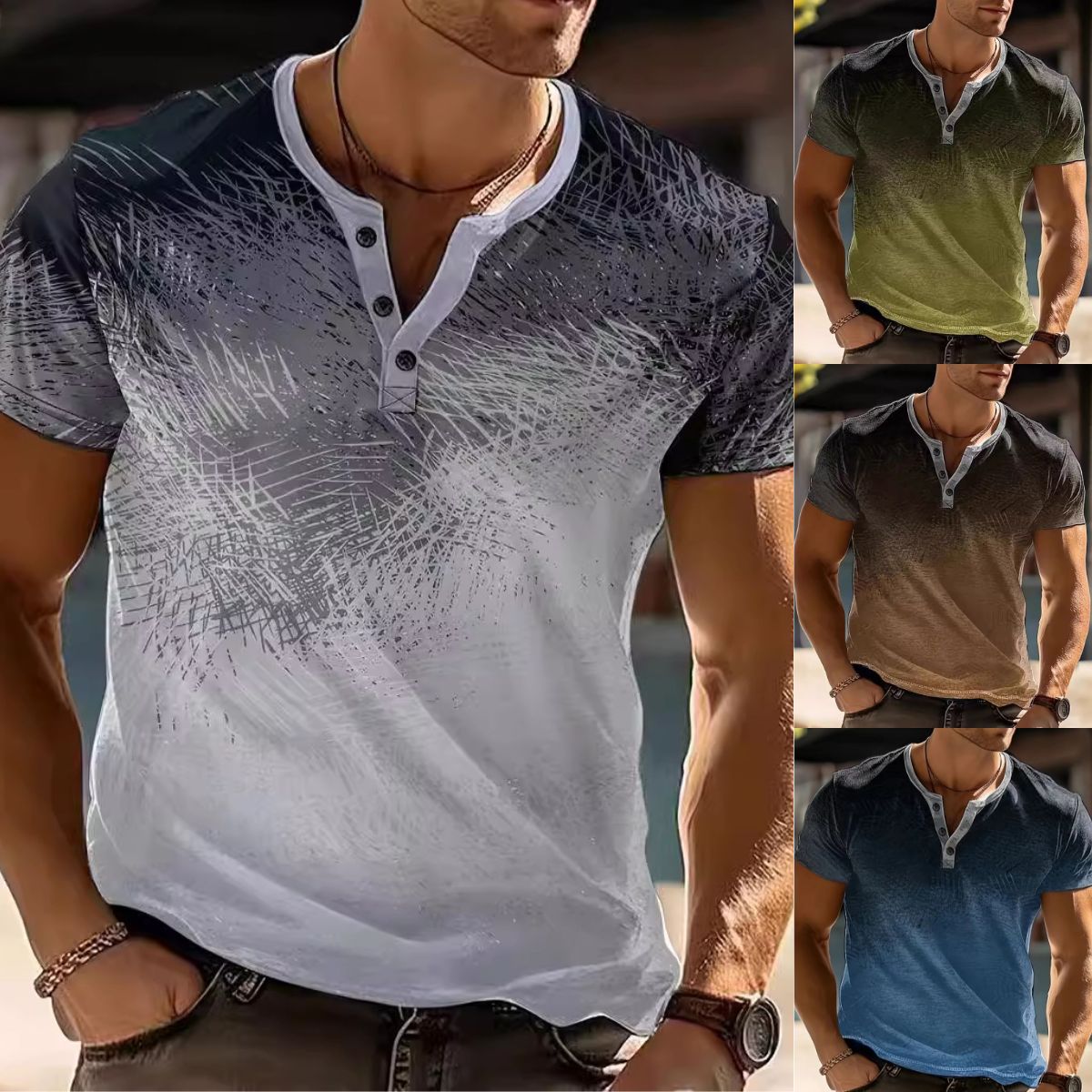 🔥Wyprzedaż sezonowa - 50% zniżki 🔥 Nowy męski T-shirt Henley w paski z efektem ombre 2026
