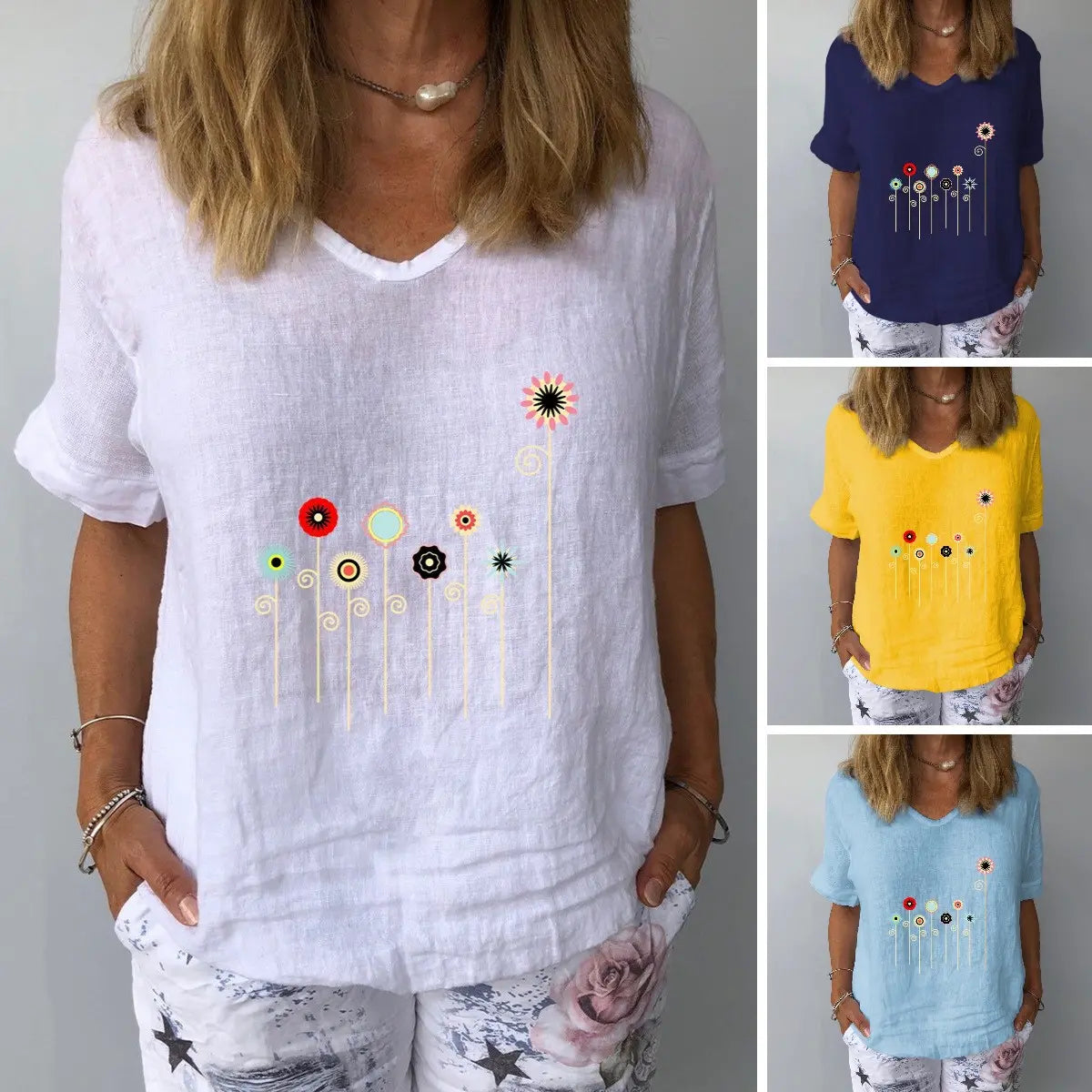【Časovno omejena ponudba】【S-3XL】🌈Majica s kratkimi rokavi in potiskom iz bombaža in lanenega platna💐
