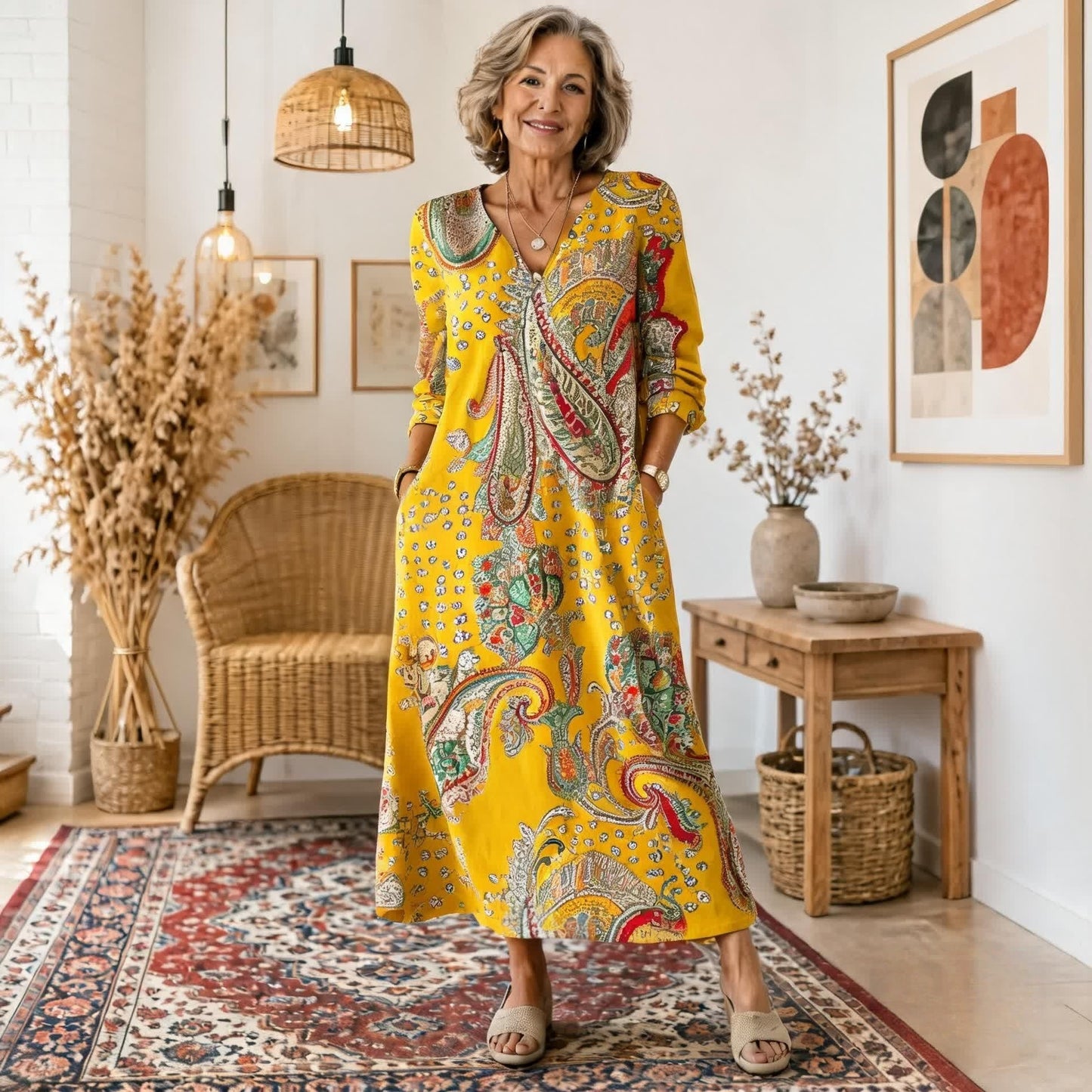 Sukienka maxi w stylu boho z etnicznym wzorem i korzystnym krojem