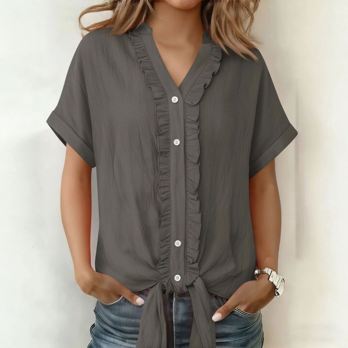 👚Νέο μοντέρνο γυναικείο casual μονόχρωμο πουκάμισο με V ντεκολτέ και βολάν