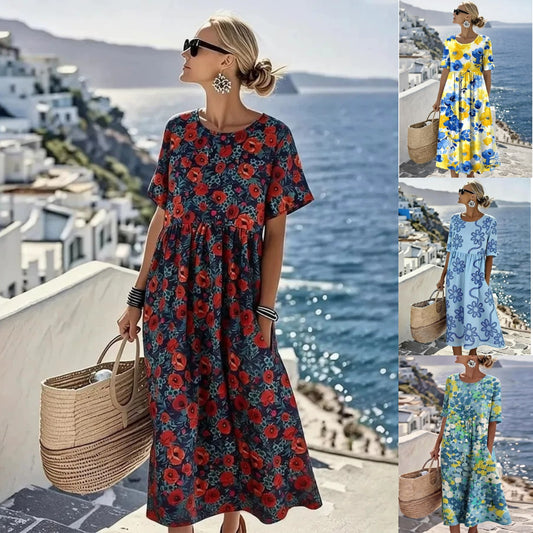 👗【S-4XL】Letnia sukienka casual z nadrukiem 2026, okrągły dekolt, z kieszeniami – płatność za pobraniem
